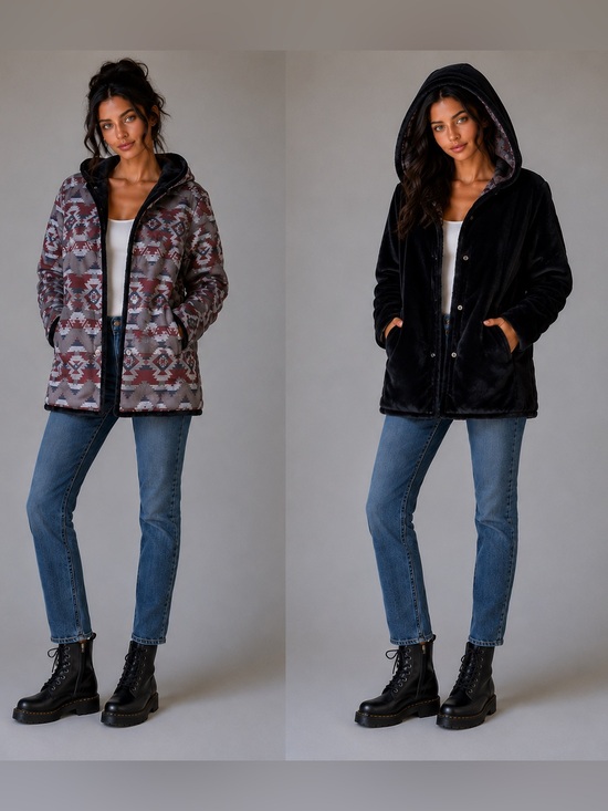 Pendleton Jackets & Blazers - Pendleton Reversible Hooded heavy coat W/S Gray Aztec Print/black fux fur LN